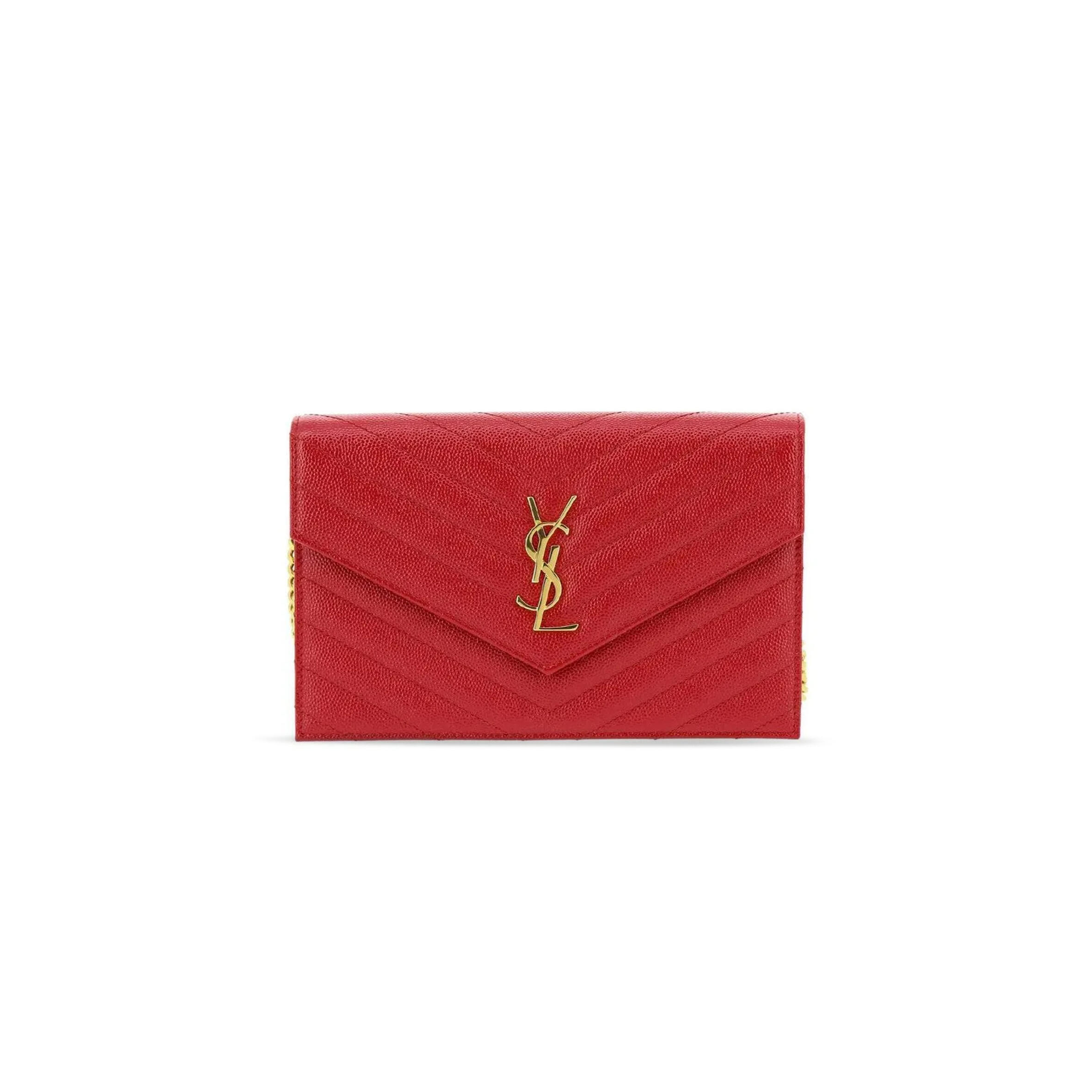 YSL CASSANDRE MATELASSÉ ENVELOPE CHAIN WALLET IN GRAIN DE POUDRE EMBOSSED LEATHER 393953BOW016515 (19*12.5*3.5cm)